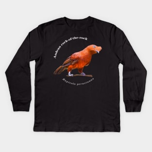 Andean cock-of-the-rock tropical bird pin white text Kids Long Sleeve T-Shirt